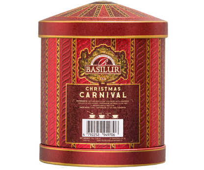 Czerwona puszka Basilur Christmas Fantasy z motywem piernikowych domków i choinek.