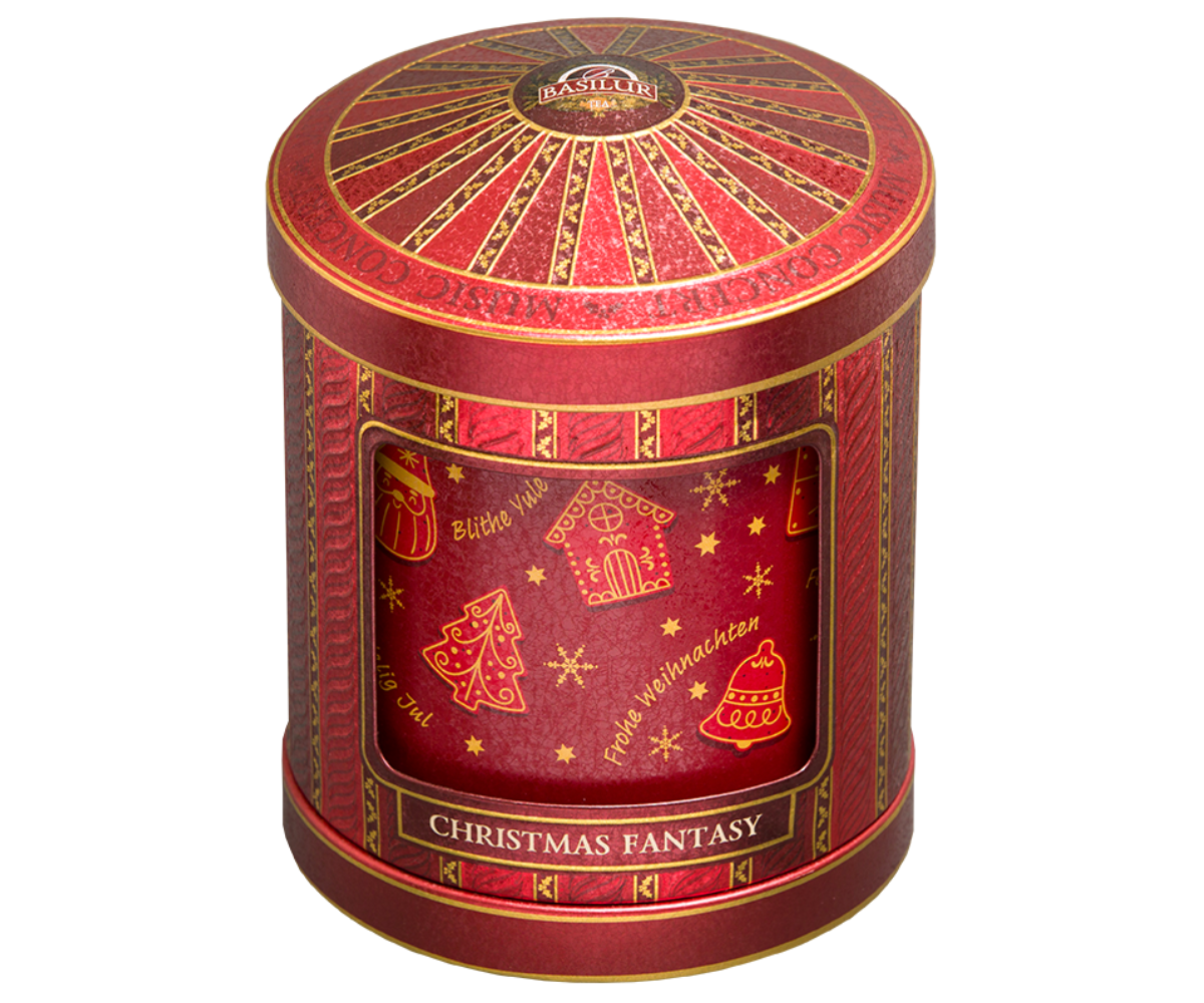 Herbata Basilur Christmas Fantasy w eleganckiej czerwonej puszce, widok z góry.