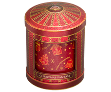 Herbata Basilur Christmas Fantasy w eleganckiej czerwonej puszce, widok z góry.