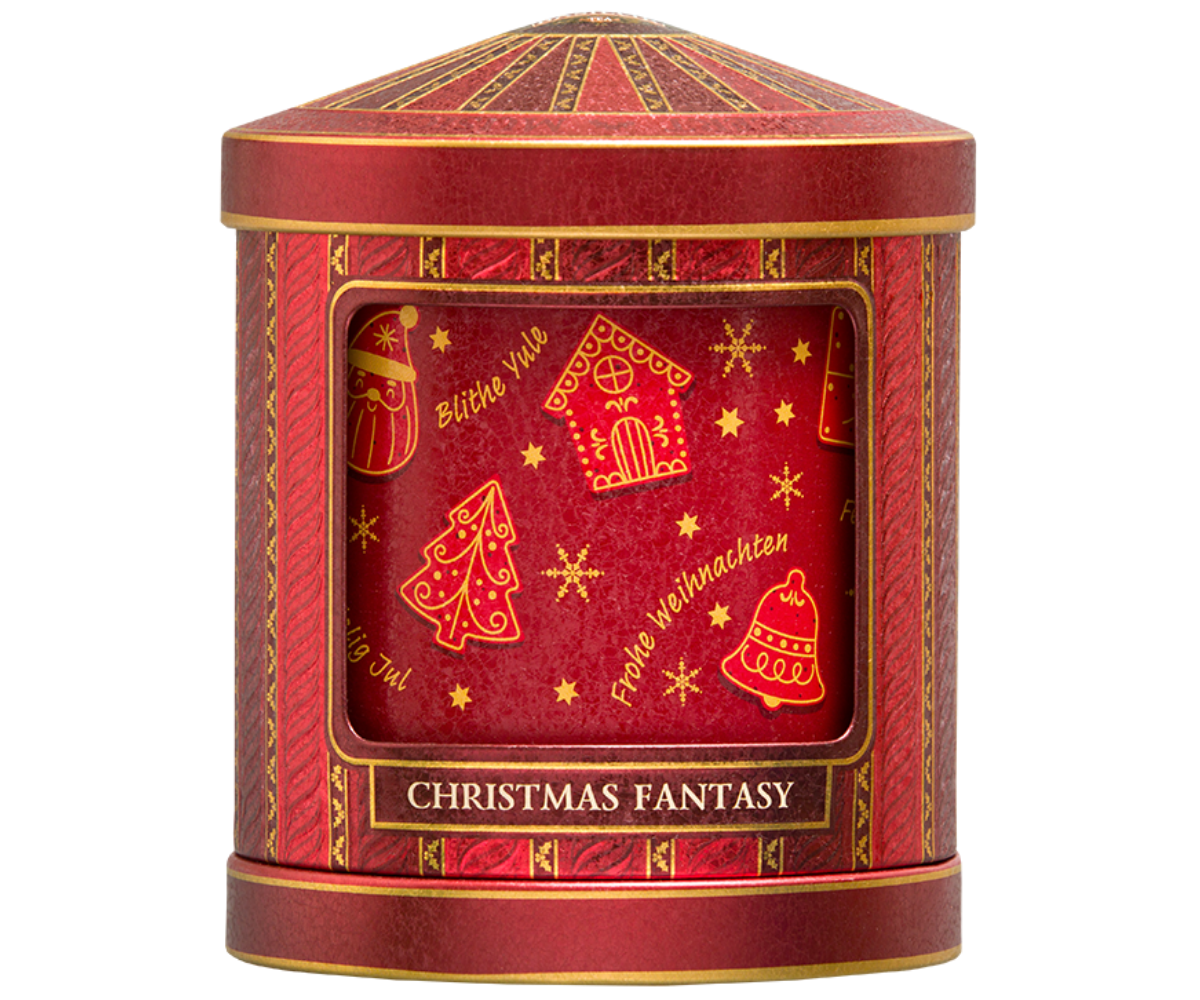 Tył puszki Basilur Christmas Fantasy z etykietą i opisem Christmas Carnival.