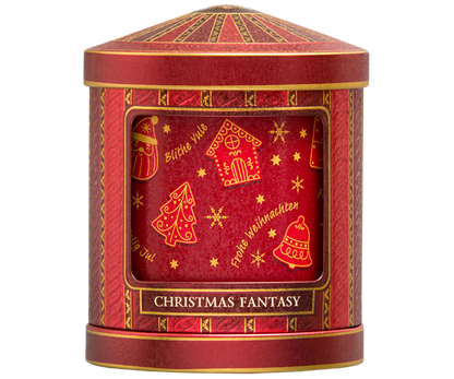 Tył puszki Basilur Christmas Fantasy z etykietą i opisem Christmas Carnival.