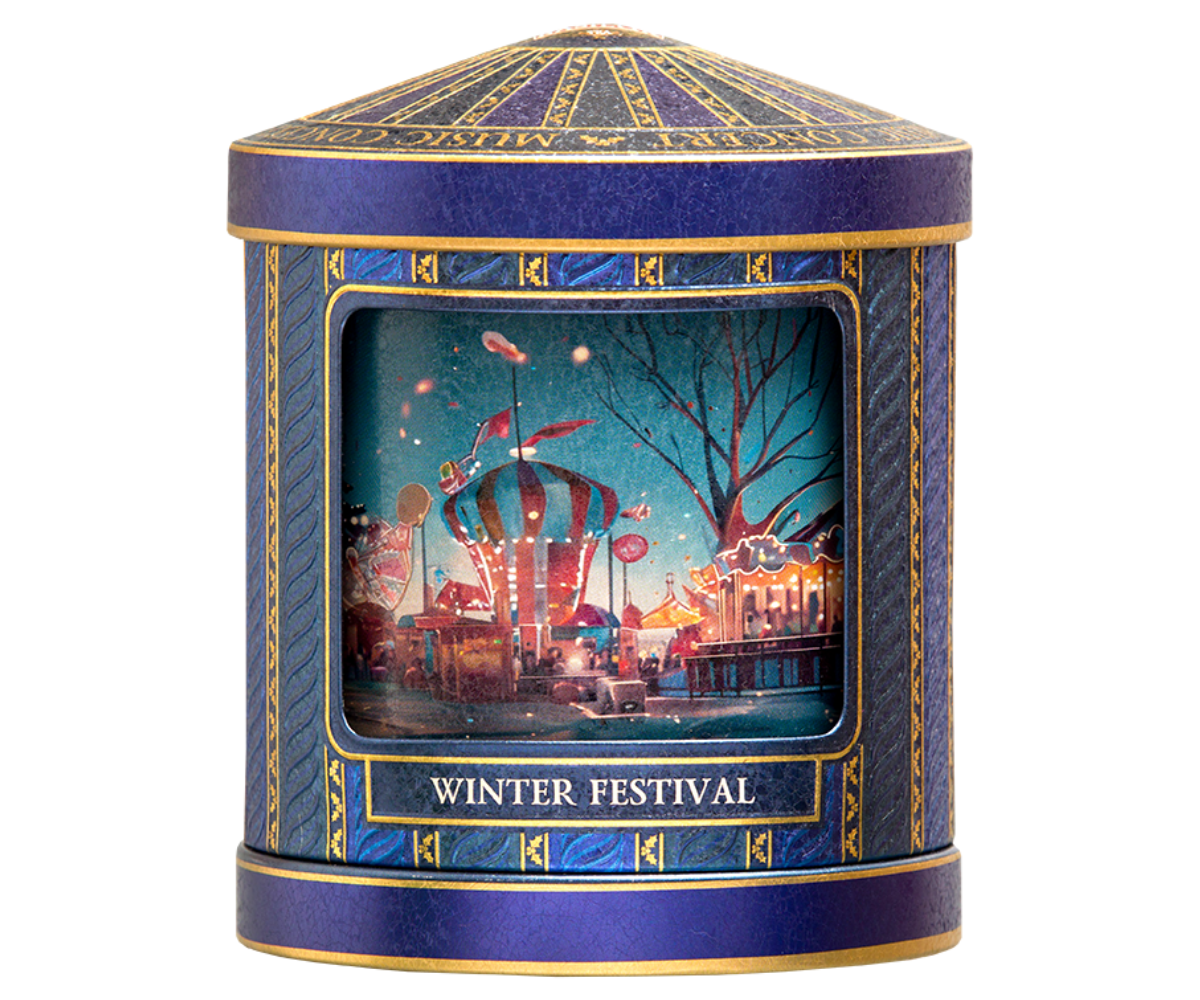 Puszka Basilur Winter Festival w kolorze granatowym z ilustracją zimowego jarmarku.