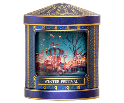 Puszka Basilur Winter Festival w kolorze granatowym z ilustracją zimowego jarmarku.