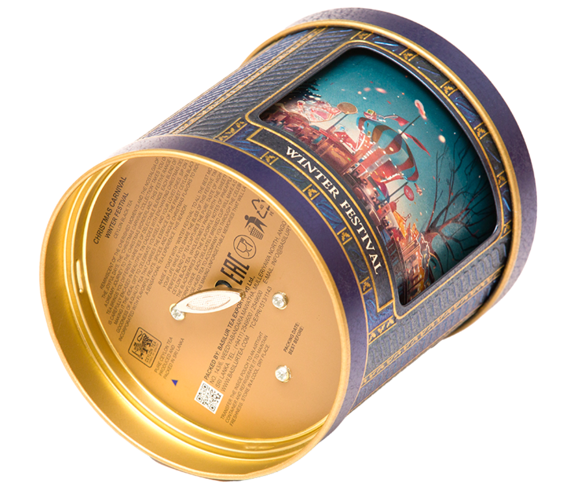 Puszka Basilur Winter Festival widziana od spodu z opisem i złotym wykończeniem.