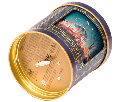 Puszka Basilur Winter Festival widziana od spodu z opisem i złotym wykończeniem.