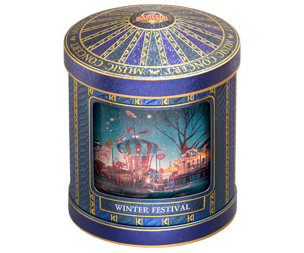 Herbata Basilur Winter Festival – elegancka puszka karuzela w kolorze granatowym.