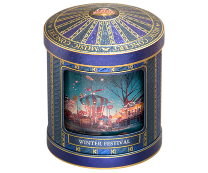 Herbata Basilur Winter Festival – elegancka puszka karuzela w kolorze granatowym.