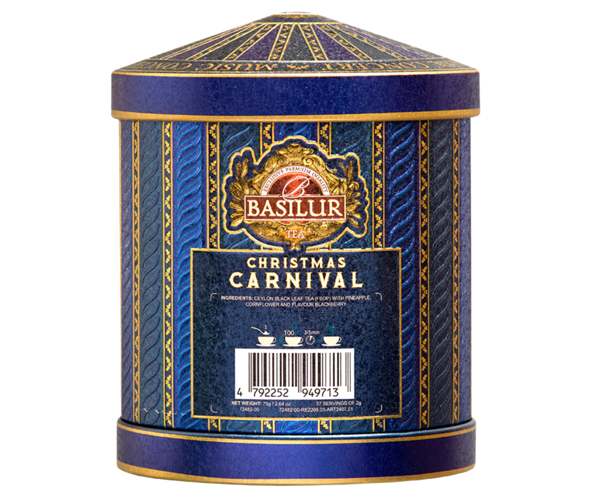 Tył puszki Basilur Winter Festival z etykietą i informacją o składzie.