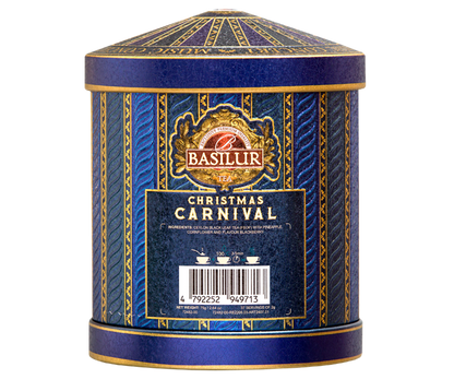 Tył puszki Basilur Winter Festival z etykietą i informacją o składzie.