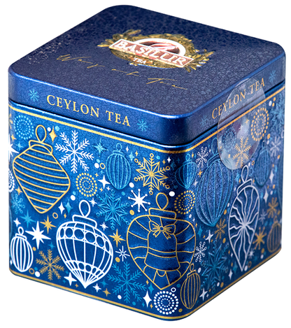 Puszka Basilur Gift of Cheer w błękitnym kolorze z ozdobami świątecznymi, herbata cejlońska.