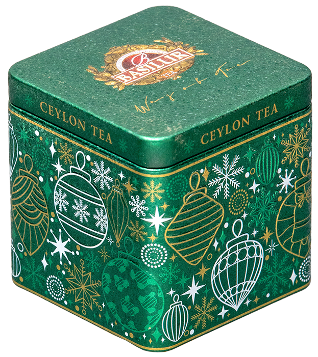 Puszka Basilur Gift of Joy w zielonym kolorze z ozdobami świątecznymi, herbata cejlońska.