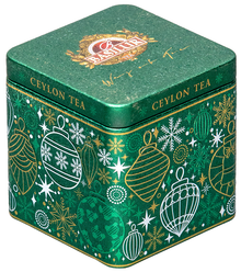 Puszka Basilur Gift of Joy w zielonym kolorze z ozdobami świątecznymi, herbata cejlońska.