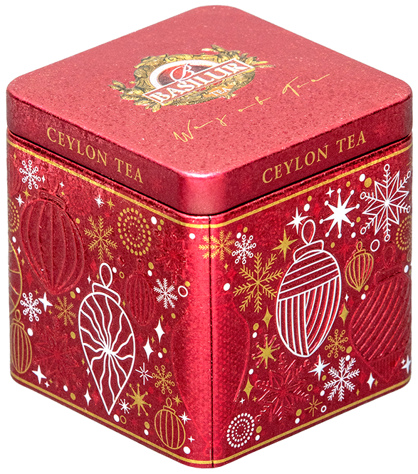 Puszka Basilur Gift of Love w czerwonym kolorze z ozdobami świątecznymi, herbata cejlońska.
