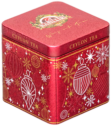 Puszka Basilur Gift of Love w czerwonym kolorze z ozdobami świątecznymi, herbata cejlońska.