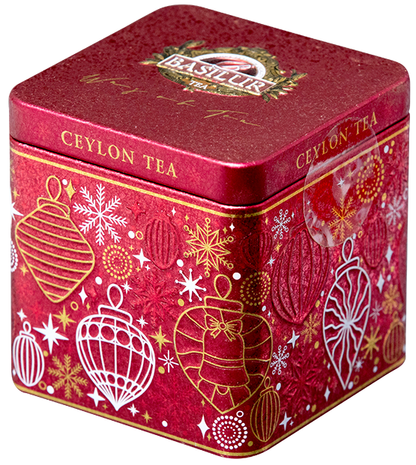 Świąteczna puszka Basilur Gift of Love z motywem bombek i gwiazdek, elegancki prezent.