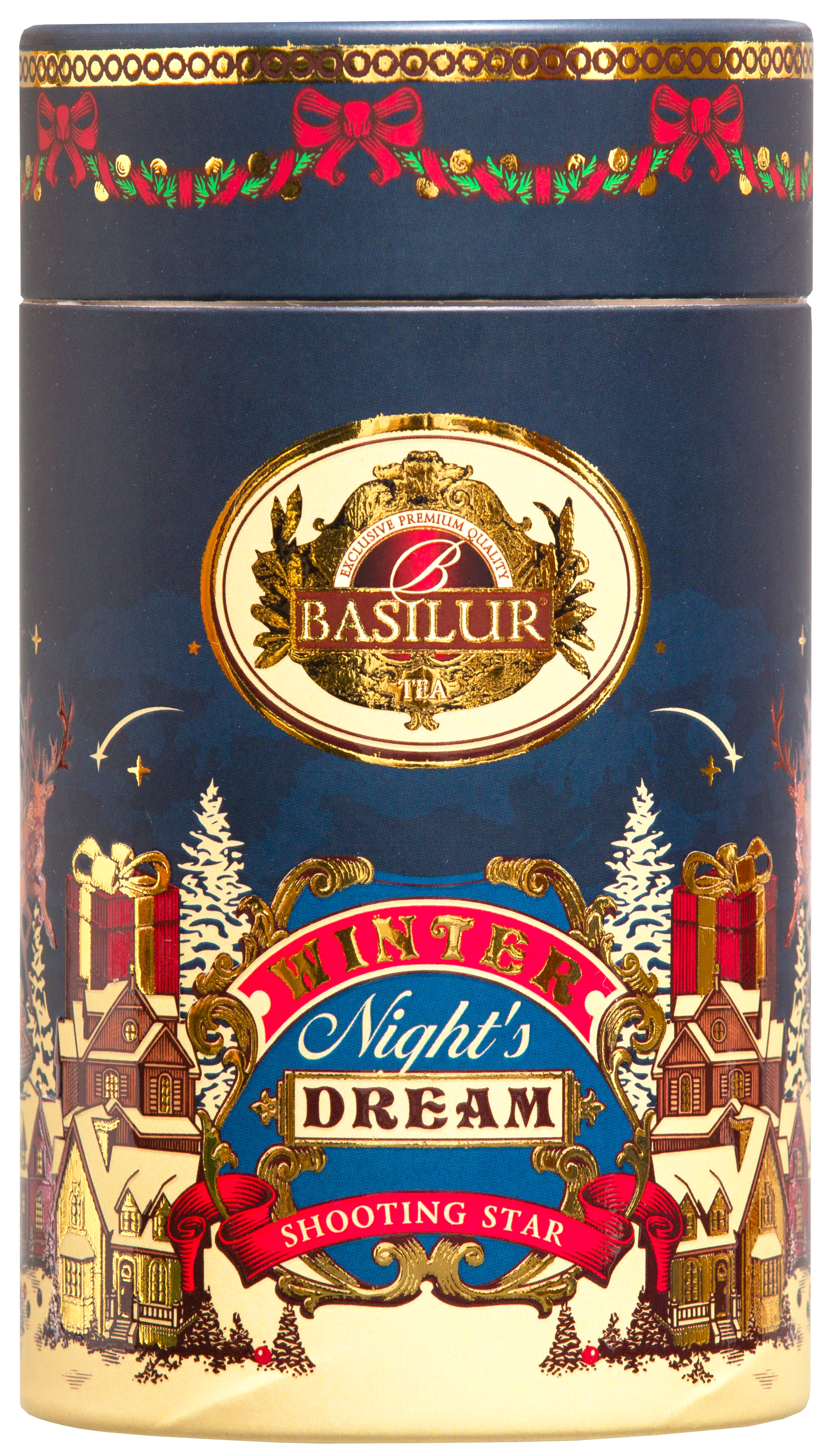 Herbata Basilur Shooting Star w granatowej ozdobnej tubie – czarna herbata cejlońska.