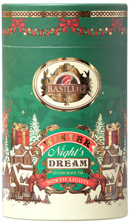 Herbata Basilur North Lights w zielonej ozdobnej tubie – czarna herbata cejlońska.
