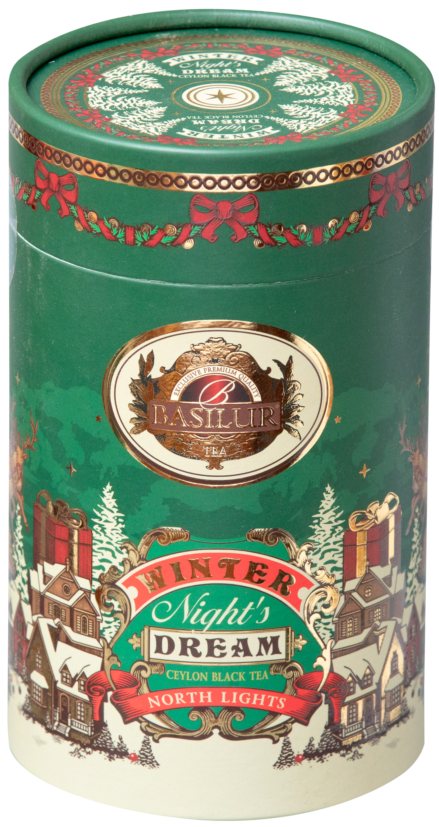 Opakowanie uzupełniające Basilur North Lights z motywem świątecznym i gałązkami sosny.