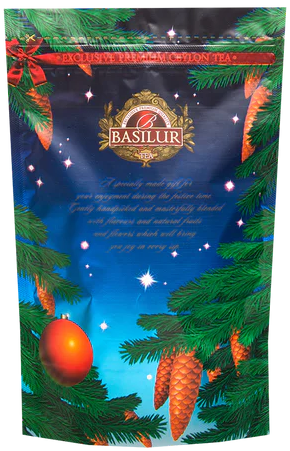 Zbliżenie na opakowanie herbaty Basilur North Lights z zimowym motywem.