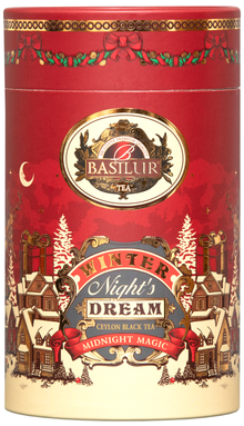 Zbliżenie na opakowanie herbaty Basilur Midnight Magic z zimowym motywem.