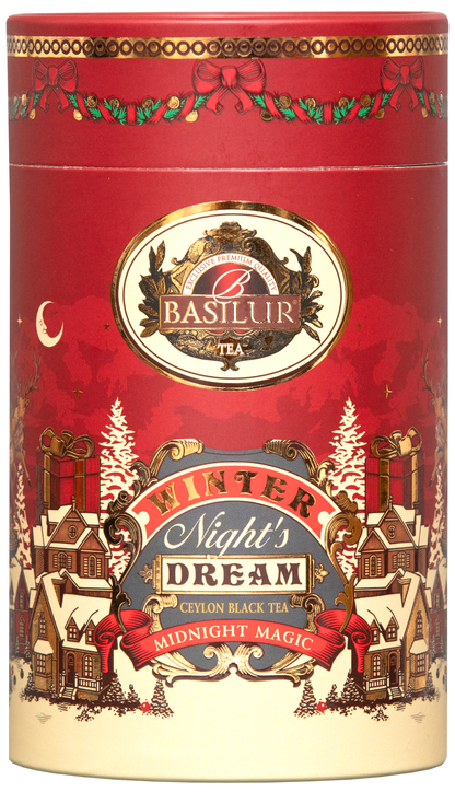 Zbliżenie na opakowanie herbaty Basilur Midnight Magic z zimowym motywem.