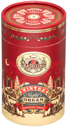 Herbata Basilur Midnight Magic w czerwonej ozdobnej tubie – czarna herbata cejlońska.