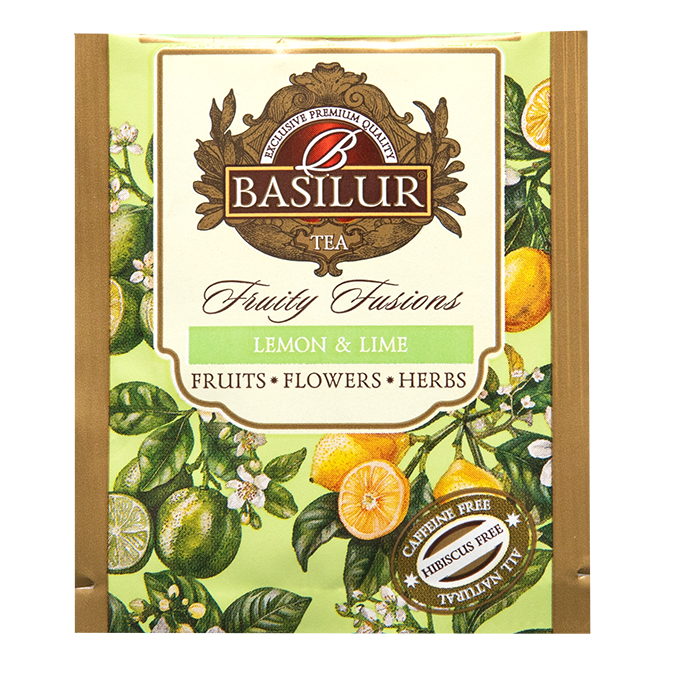 Saszetka herbaty Basilur Lemon & Lime – owocowa herbata z cytryną i limonką bez kofeiny.