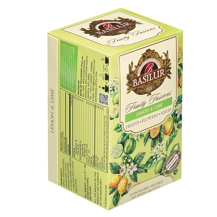 Bok opakowania Basilur Lemon & Lime – informacje o składzie i wartościach odżywczych.