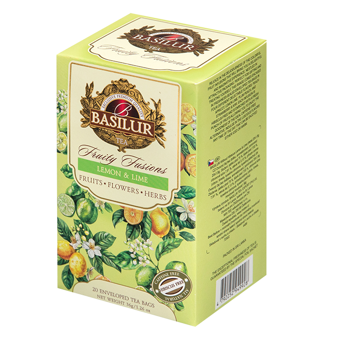 Herbata Basilur Lemon & Lime – pudełko 20 kopert z motywem cytrusów.