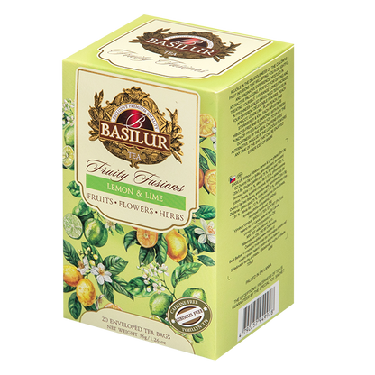 Herbata Basilur Lemon & Lime – pudełko 20 kopert z motywem cytrusów.