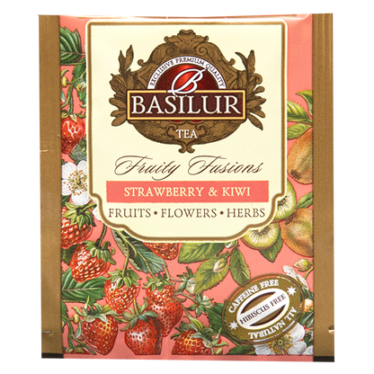 Front opakowania Basilur Strawberry & Kiwi – kolorowe pudełko z motywem owoców.