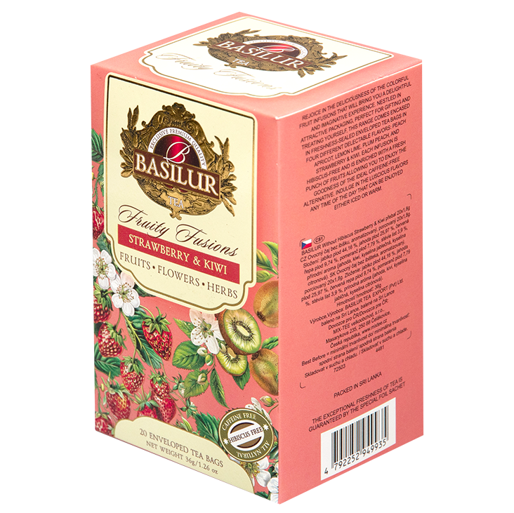 Opakowanie Basilur Strawberry & Kiwi – herbata owocowa z kolekcji Fruity Fusions.