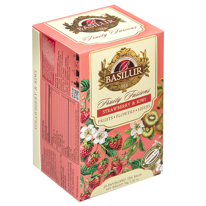 Bok pudełka Basilur Strawberry & Kiwi – skład i informacje o naparze z owoców i ziół.