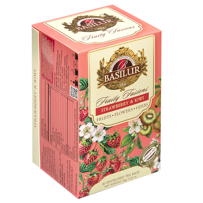 Bok pudełka Basilur Strawberry & Kiwi – skład i informacje o naparze z owoców i ziół.