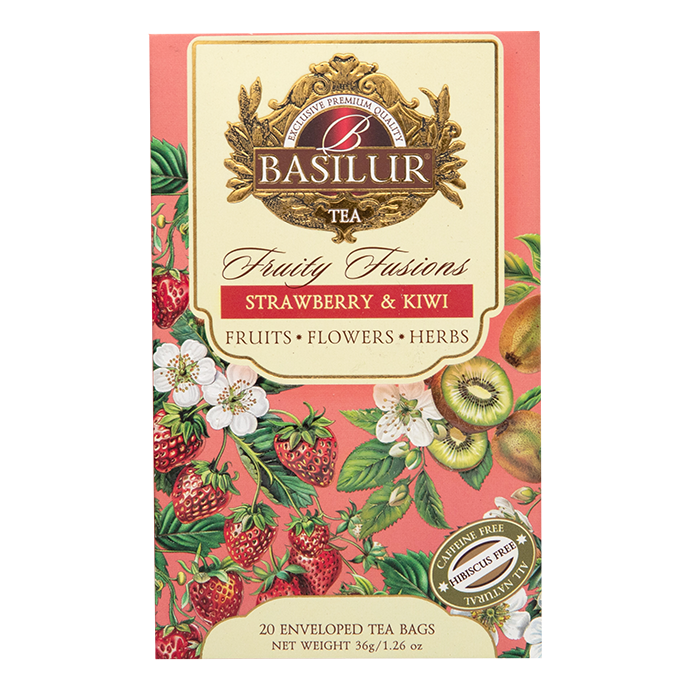 Herbata Basilur Strawberry & Kiwi – owocowa saszetka z truskawką i kiwi bez kofeiny.