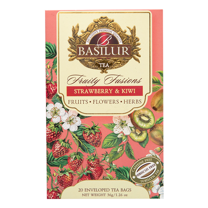 Herbata Basilur Strawberry & Kiwi – owocowa saszetka z truskawką i kiwi bez kofeiny.