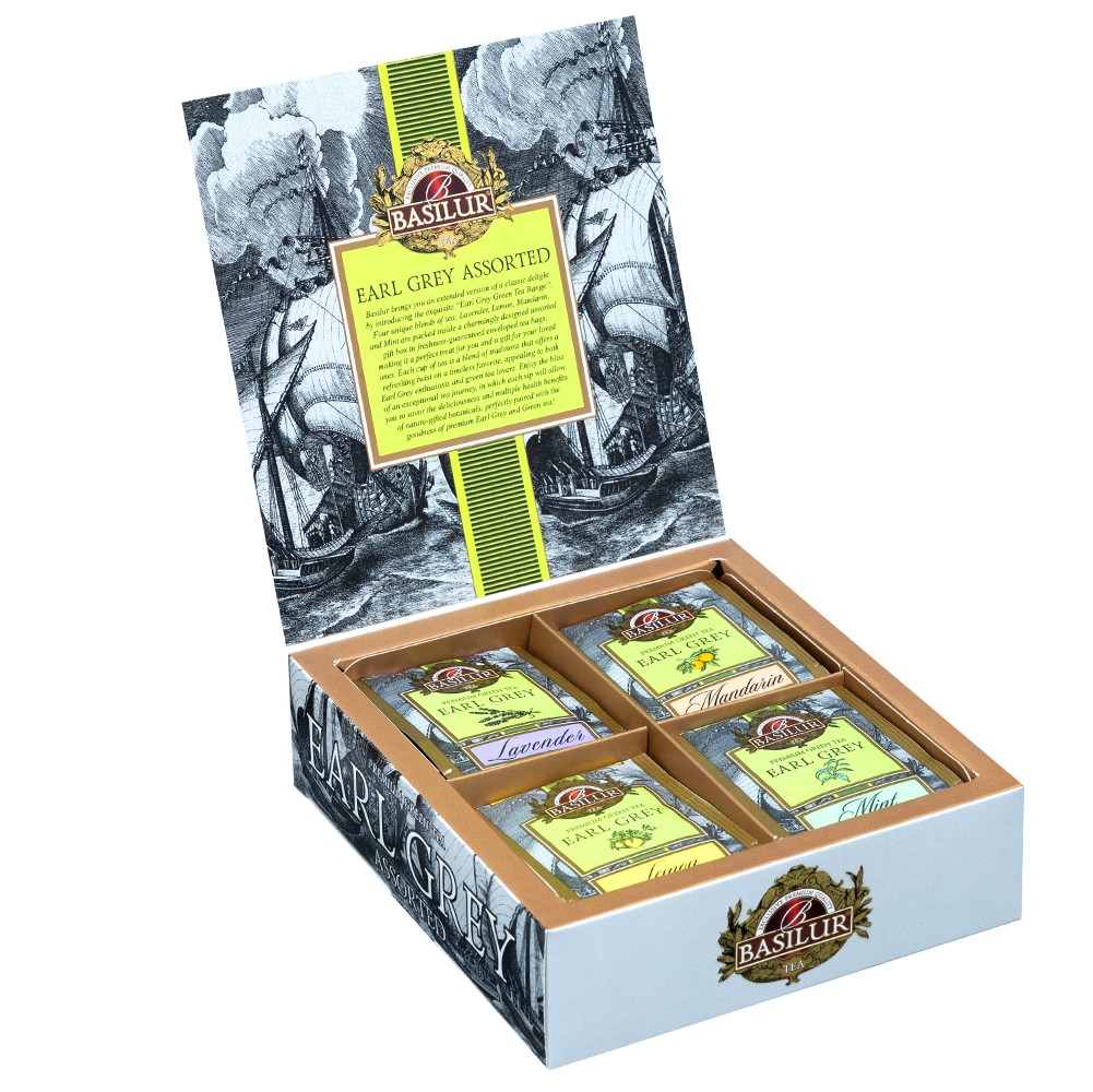 Otwarty zestaw Basilur Earl Grey z czterema rodzajami saszetek herbaty