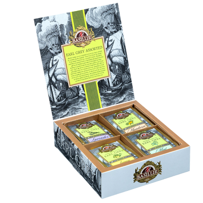 Otwarty zestaw Basilur Earl Grey z czterema rodzajami saszetek herbaty