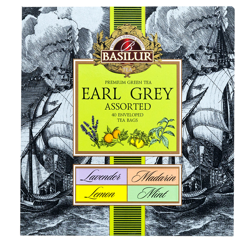 Front opakowania Basilur Earl Grey Assorted z grafiką statków i czterema smakami