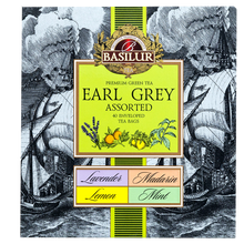 Front opakowania Basilur Earl Grey Assorted z grafiką statków i czterema smakami
