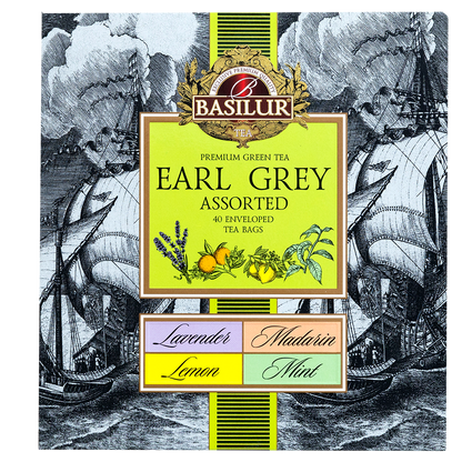 Front opakowania Basilur Earl Grey Assorted z grafiką statków i czterema smakami