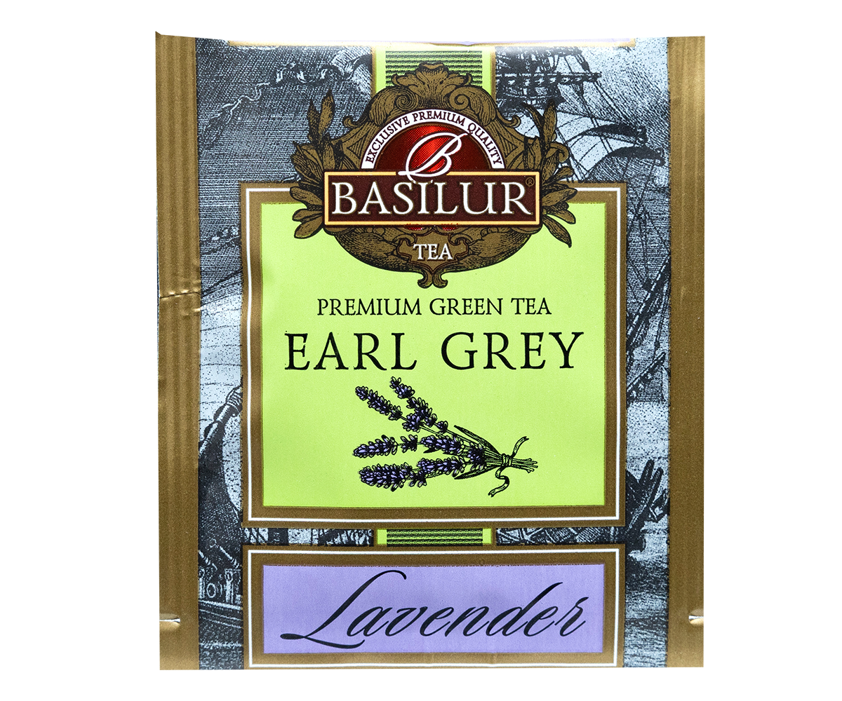 Saszetka herbaty Basilur Earl Grey o smaku lawendy na tle ilustracji statku