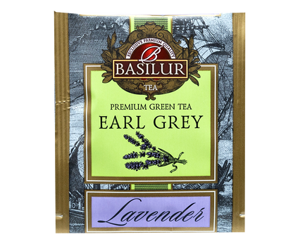 Saszetka herbaty Basilur Earl Grey o smaku lawendy na tle ilustracji statku