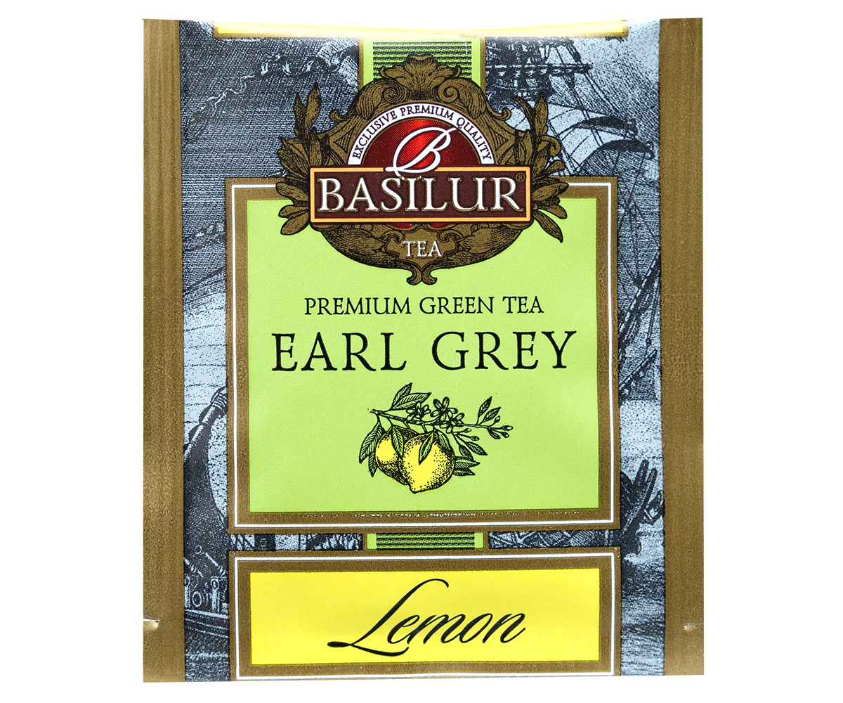 Saszetka herbaty Basilur Earl Grey o smaku cytrynowym z rysunkiem cytryn