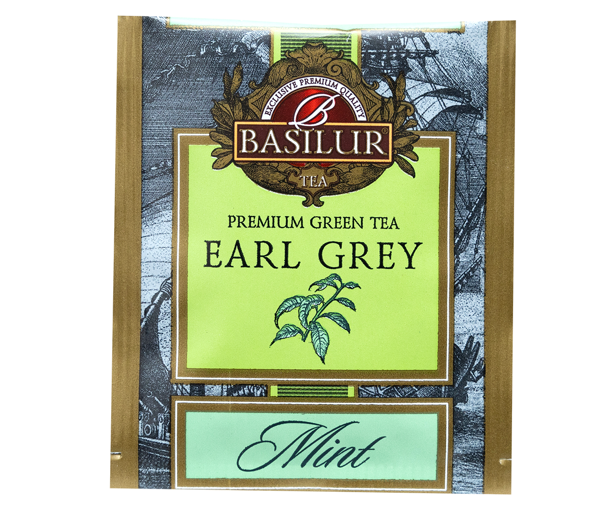 Saszetka herbaty Basilur Earl Grey o smaku mięty z ilustracją listków mięty