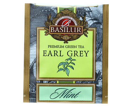 Saszetka herbaty Basilur Earl Grey o smaku mięty z ilustracją listków mięty