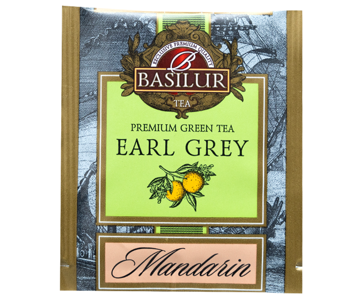 Saszetka herbaty Basilur Earl Grey o smaku mandarynki z rysunkiem owoców