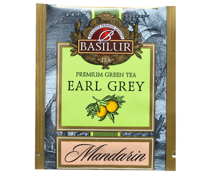 Saszetka herbaty Basilur Earl Grey o smaku mandarynki z rysunkiem owoców
