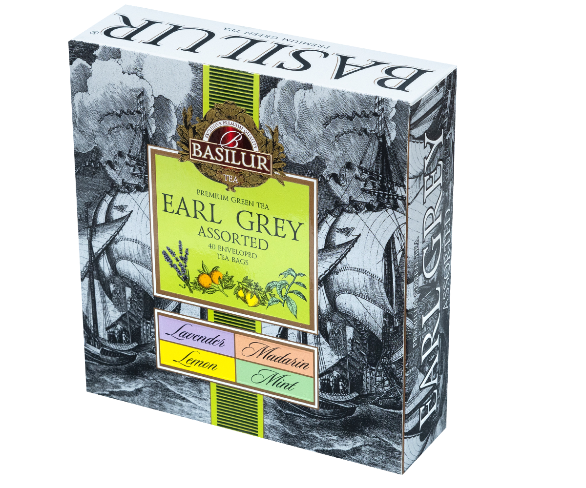 Pudełko zestawu Basilur Earl Grey Assorted z czterema smakami herbat