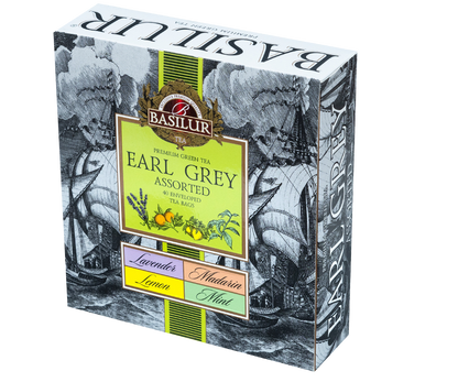 Pudełko zestawu Basilur Earl Grey Assorted z czterema smakami herbat